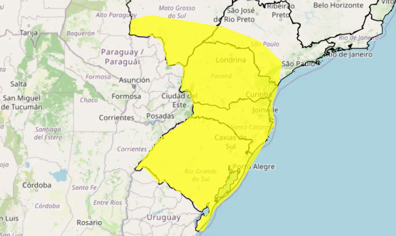 A imagem mostra 5 estados brasileiros em alerta para chuva e ventos fortes
